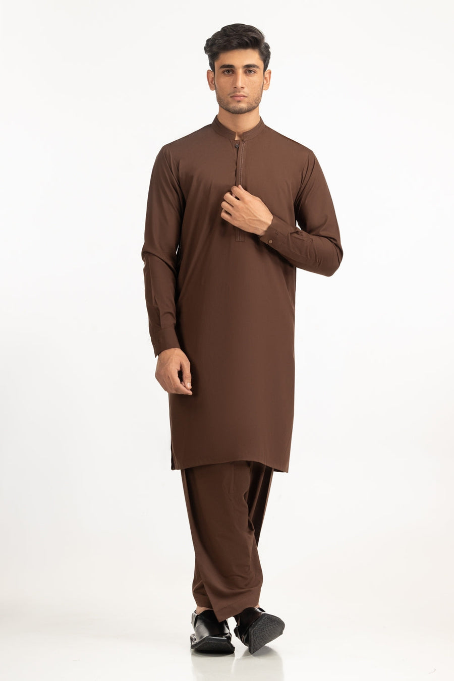Chocolate Brown Silk 2-Piece Kurta | Half-Zip Placket