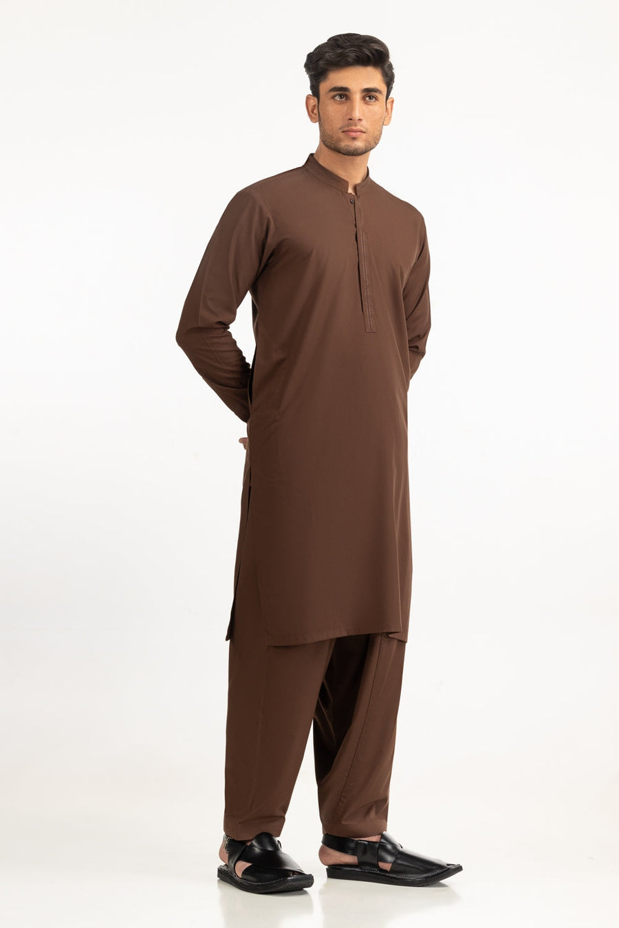 Chocolate Brown Silk 2-Piece Kurta | Half-Zip Placket