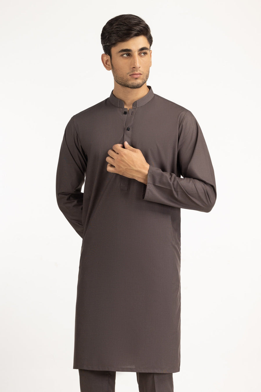Chocolate Brown Muga Silk 2-Piece Kurta | Mandarin Collar