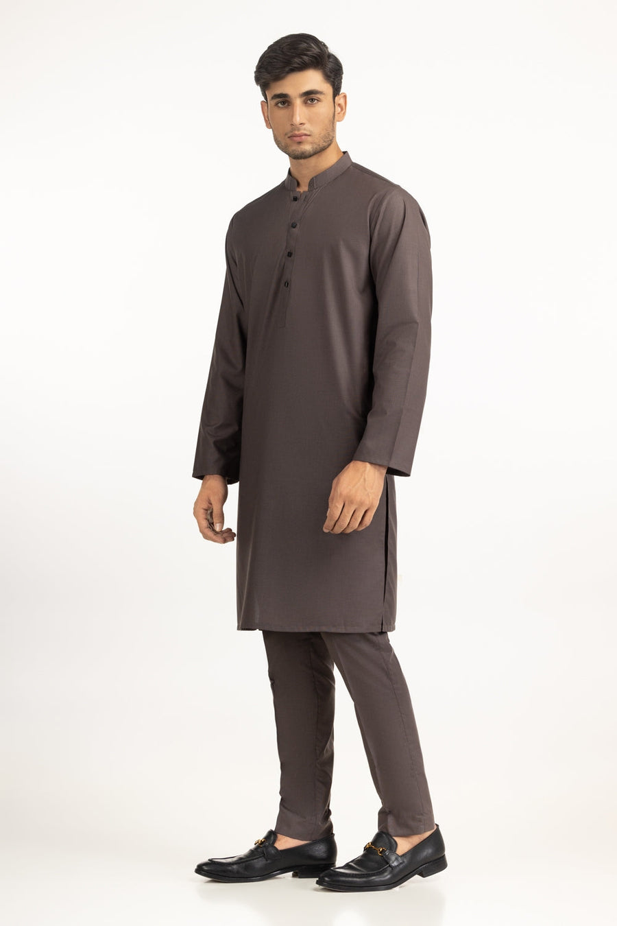 Chocolate Brown Muga Silk 2-Piece Kurta | Mandarin Collar