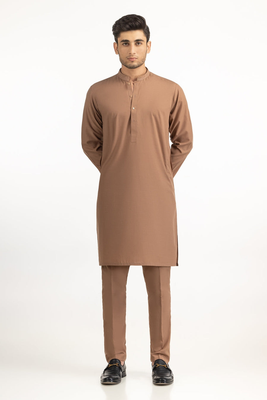 Caramel Silk Kurta | Embroidered Collar Detail