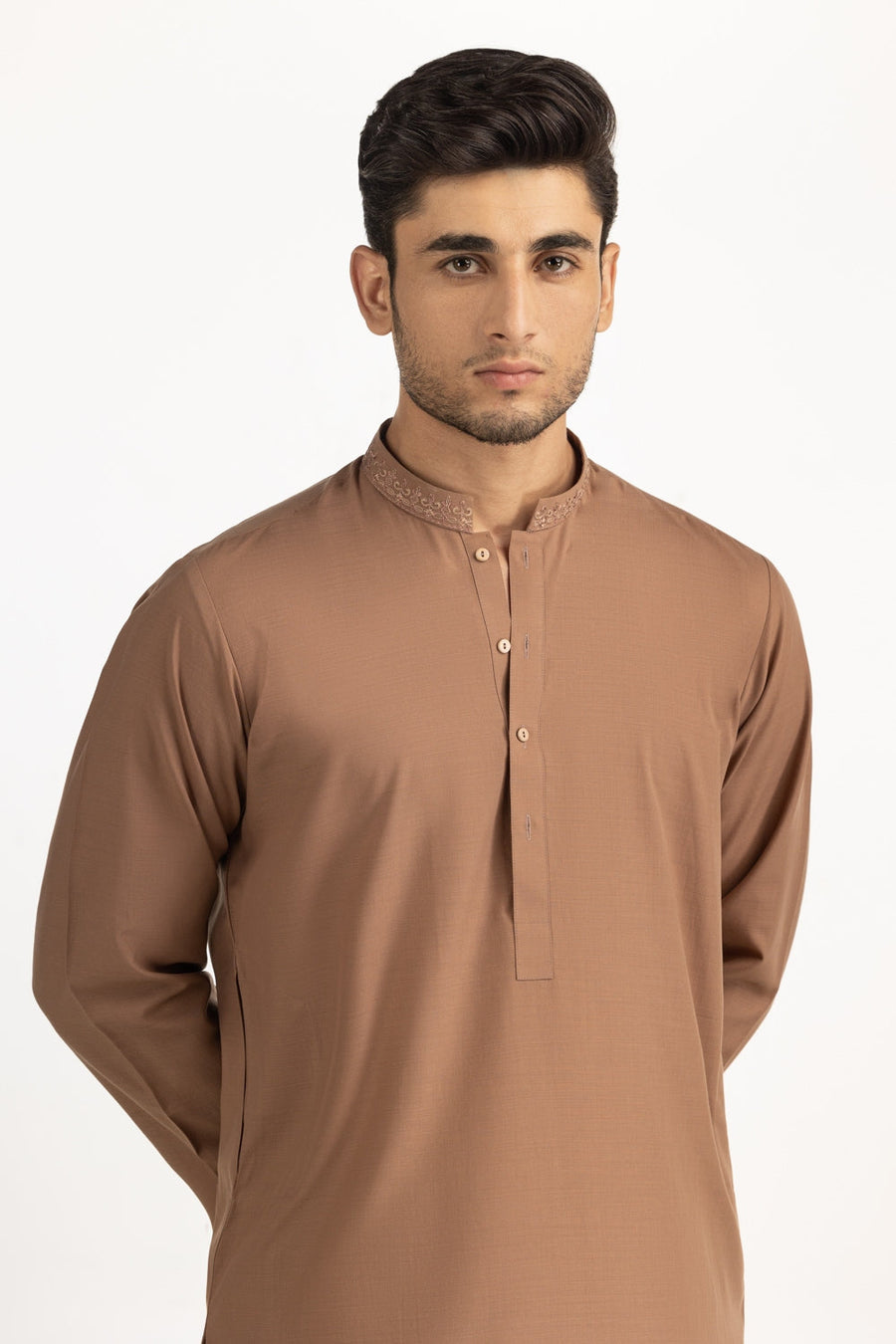 Caramel Silk Kurta | Embroidered Collar Detail