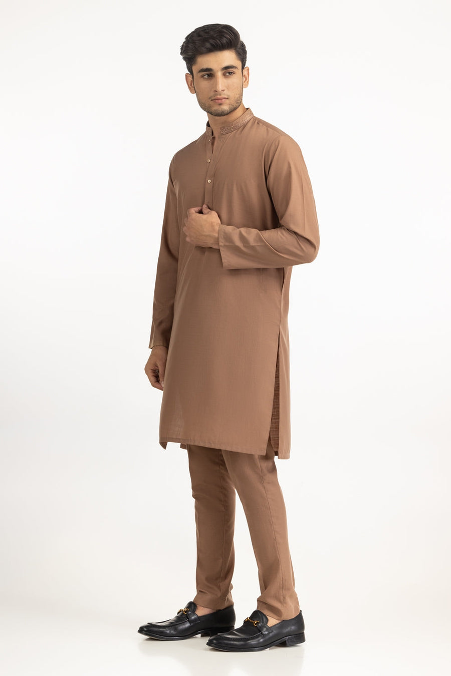 Caramel Silk Kurta | Embroidered Collar Detail