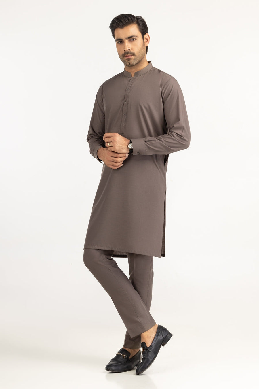 Taupe Mulberry Silk 2-Piece Kurta Shalwar | Mandarin Collar