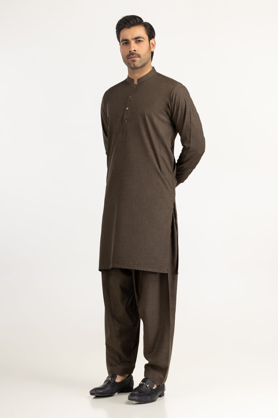 Chocolate Brown Cotton Salwar Kameez | Mandarin Collar