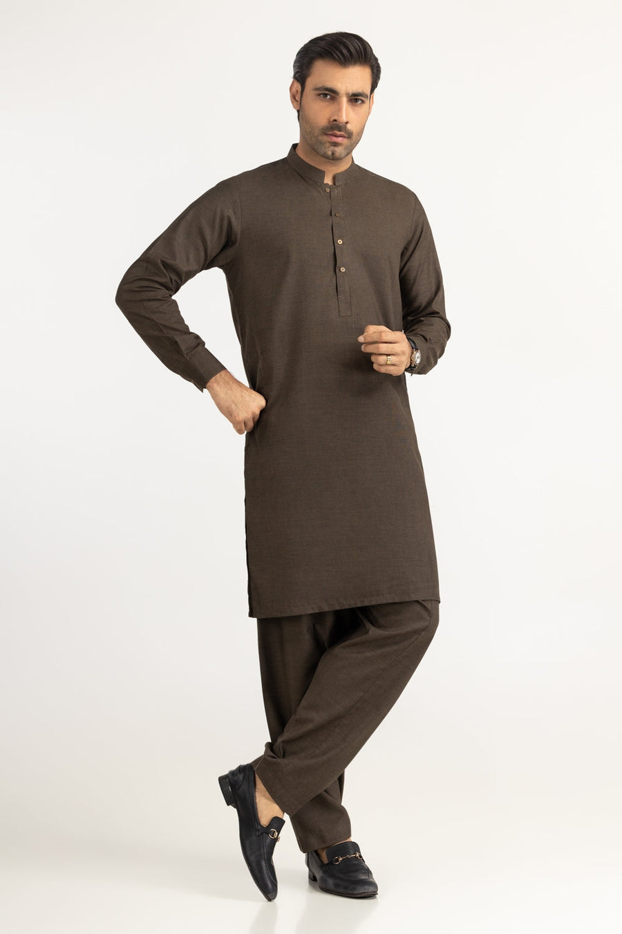 Chocolate Brown Cotton Salwar Kameez | Mandarin Collar