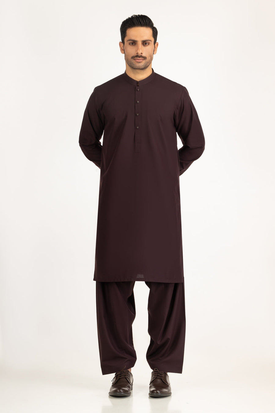 Burgundy Silk 2-Piece Kurta | Mandarin Collar
