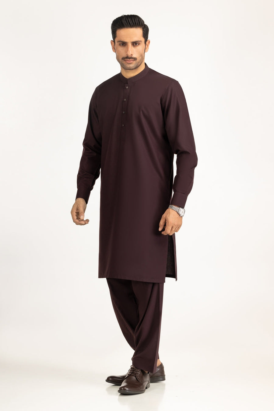 Burgundy Silk 2-Piece Kurta | Mandarin Collar