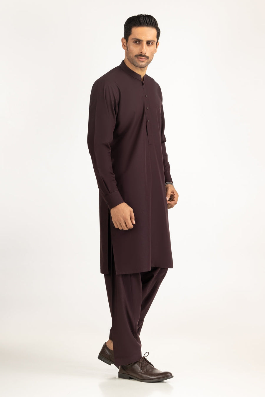 Burgundy Silk 2-Piece Kurta | Mandarin Collar