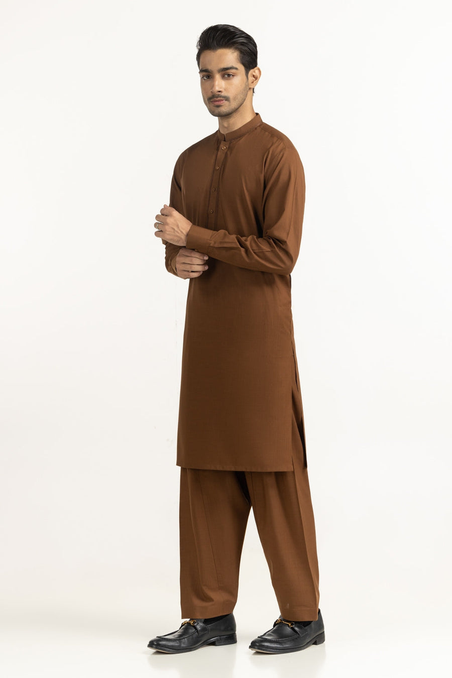 Chocolate Brown Silk Men's Kurta | Henley Neckline