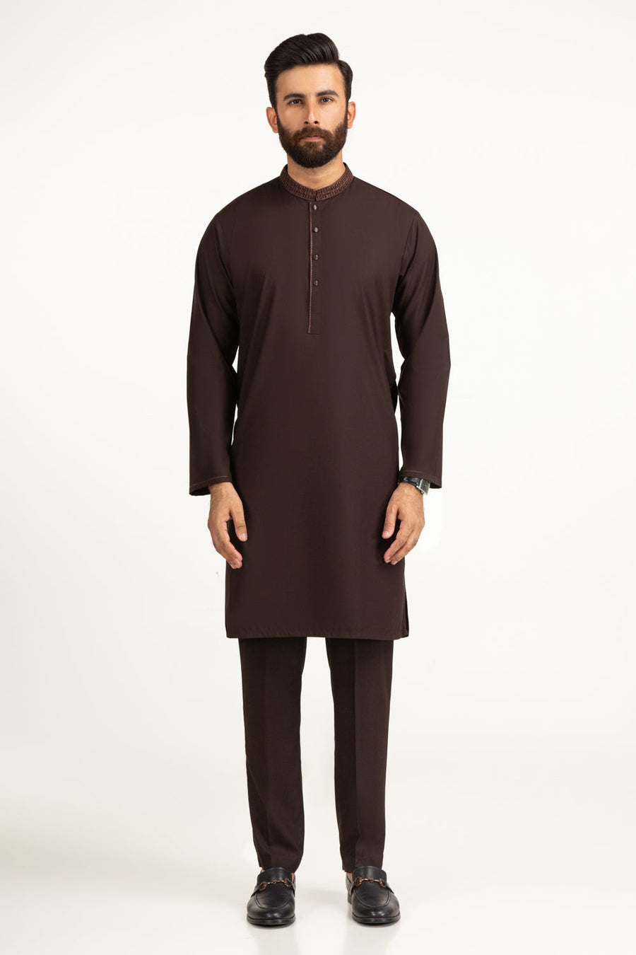 Chocolate Brown Khaddar 1-Piece Kurta | Embroidered Neckline