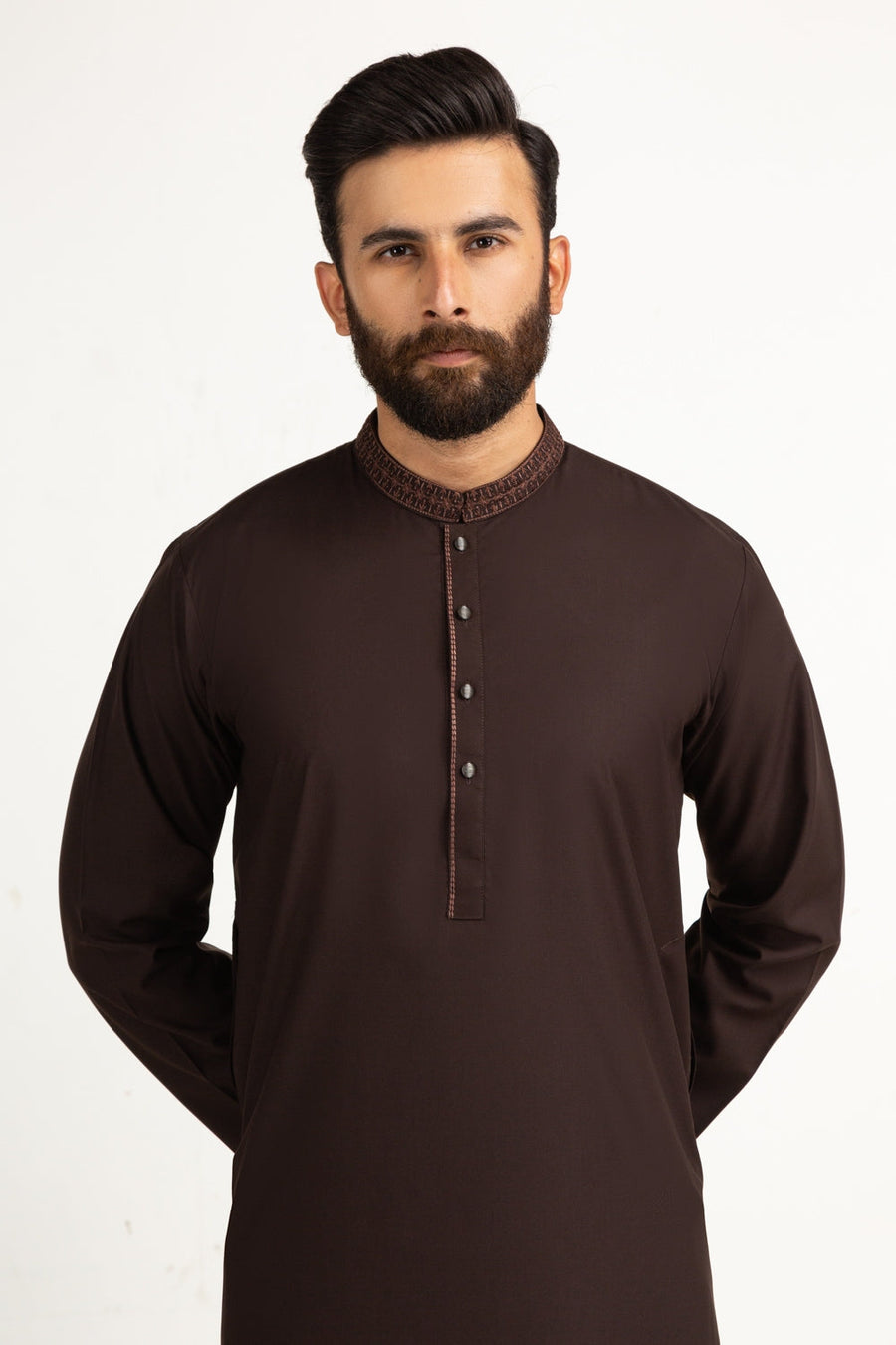 Chocolate Brown Khaddar 1-Piece Kurta | Embroidered Neckline