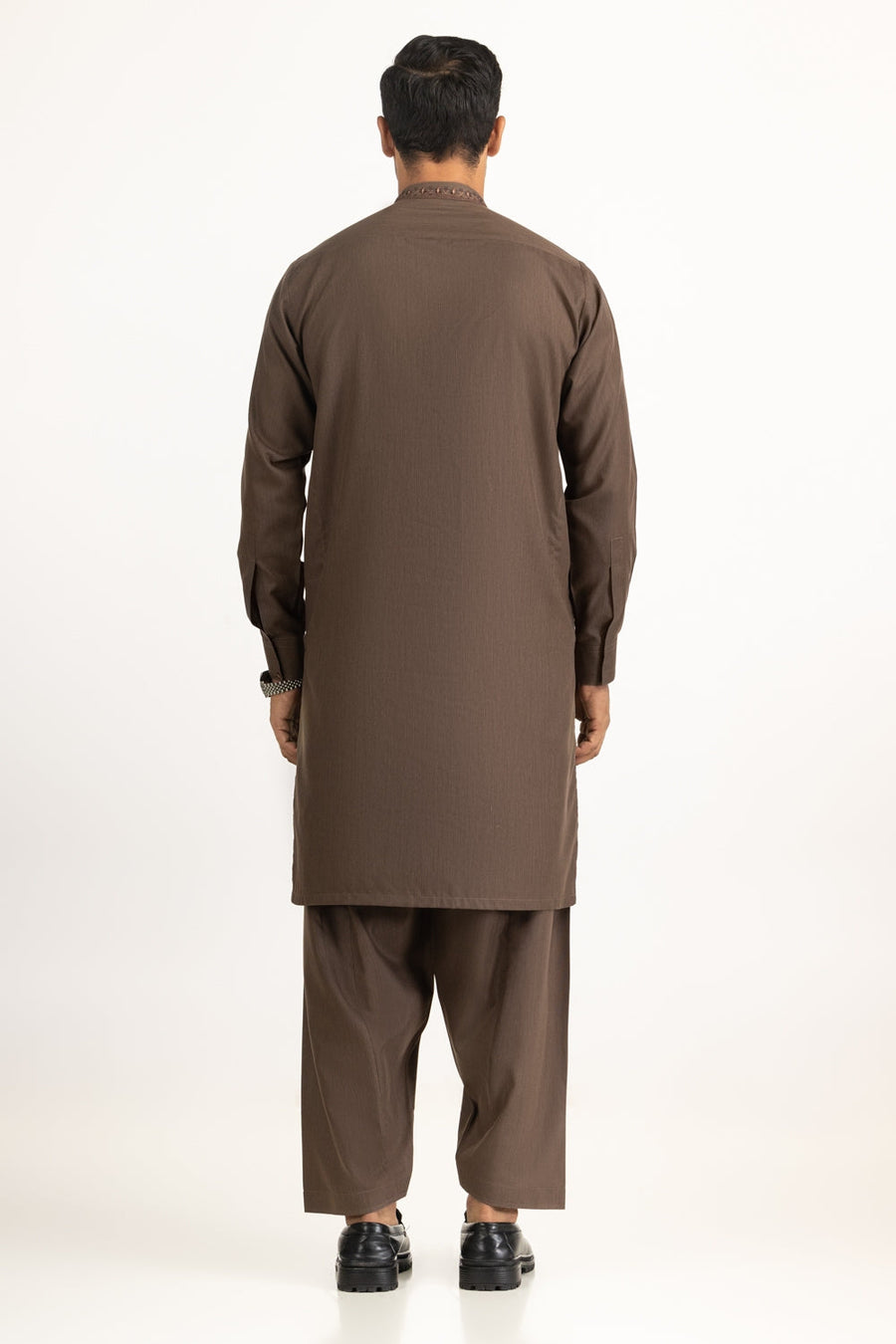 Chocolate Brown Silk 2-Piece Kurta | Studded Neckline