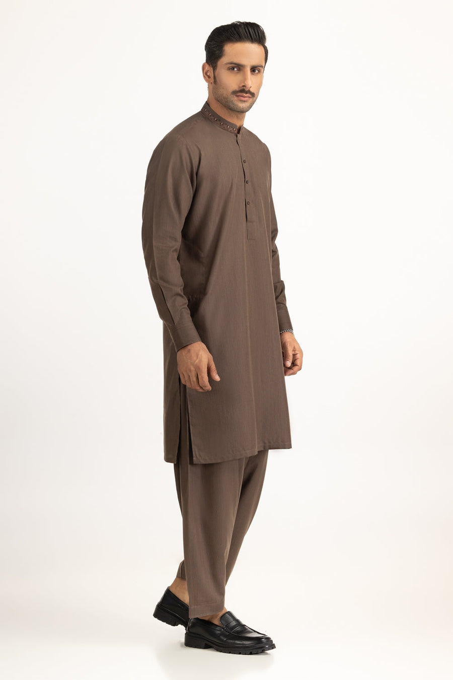 Chocolate Brown Silk 2-Piece Kurta | Studded Neckline
