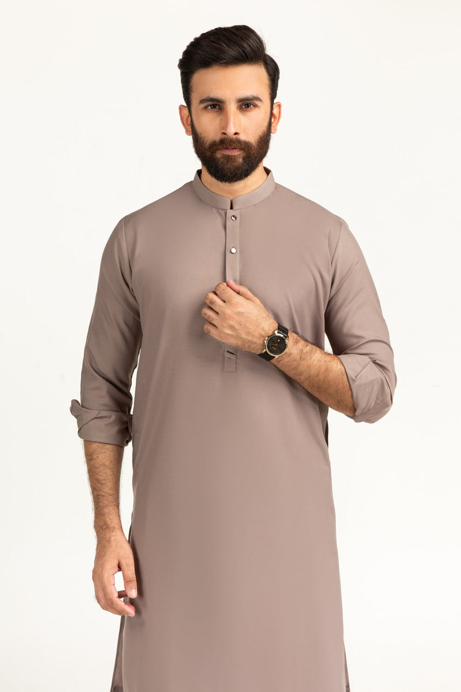 Taupe Cotton Kurta | Mandarin Collar with Button Placket