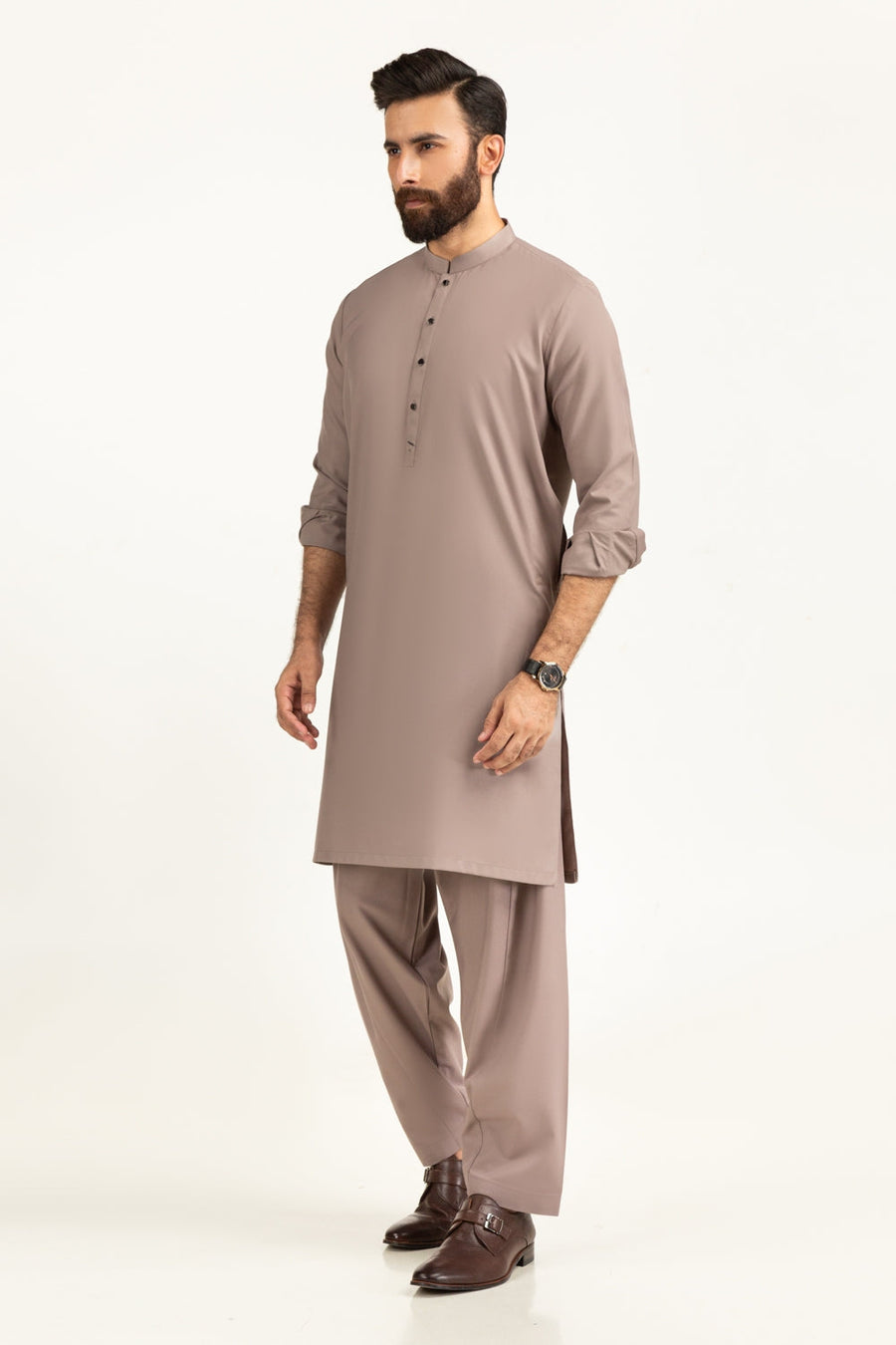 Taupe Cotton Kurta | Mandarin Collar with Button Placket