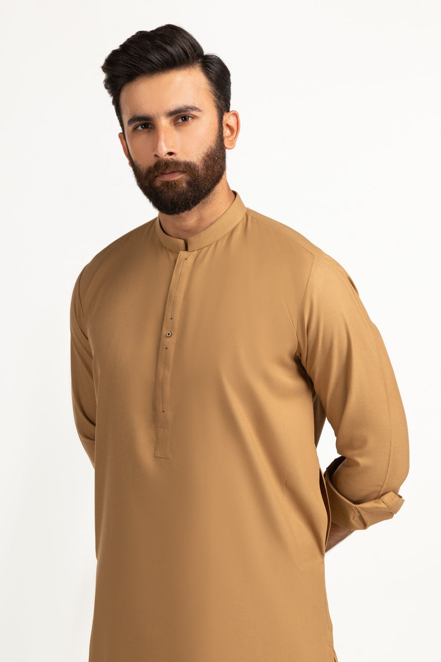 Camel Cotton Kurta | Mandarin Collar Half-Button Placket