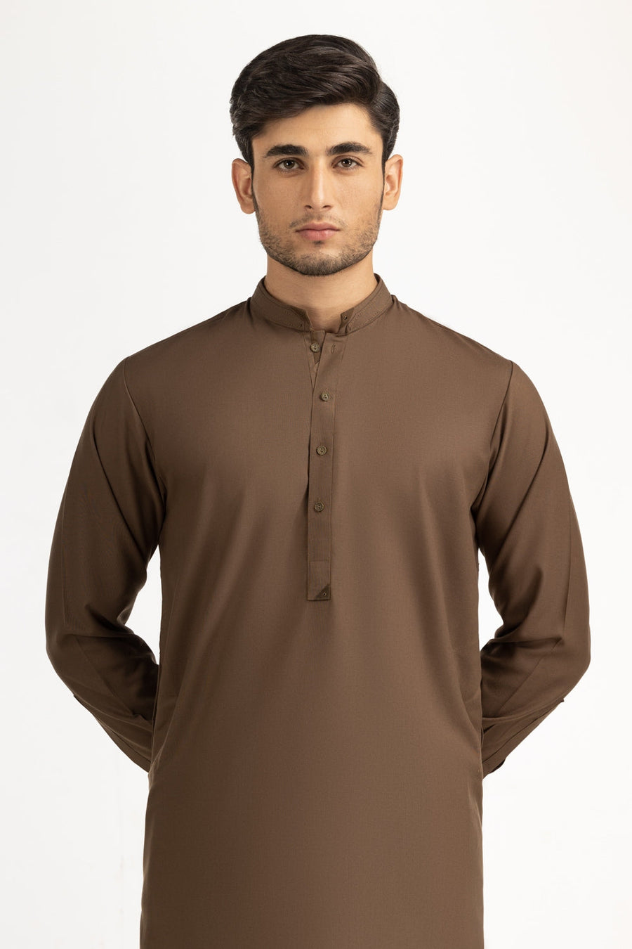 Chocolate Brown Silk 2-Piece Kurta | Mandarin Collar