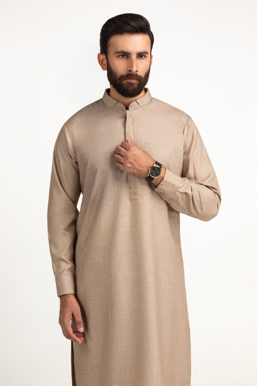 Beige Mulberry Silk 3-Piece Kurta | Button-Front Collar