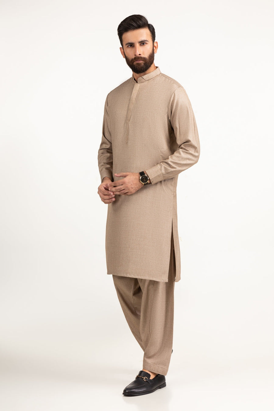 Beige Mulberry Silk 3-Piece Kurta | Button-Front Collar