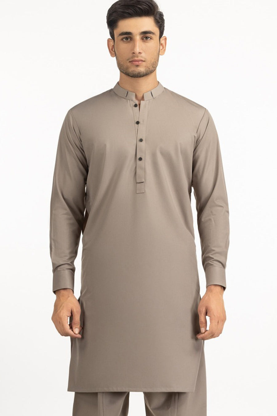 Taupe Silk 2-Piece Kurta Shalwar | Mandarin Collar