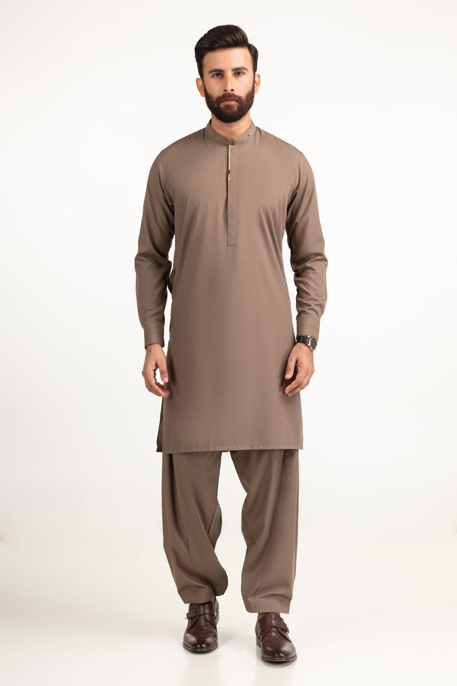 Taupe Silk Blend 2-Piece Formal Kurta | Mandarin Collar