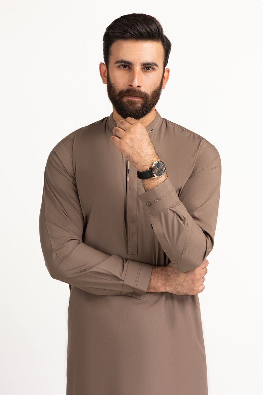 Taupe Silk Blend 2-Piece Formal Kurta | Mandarin Collar