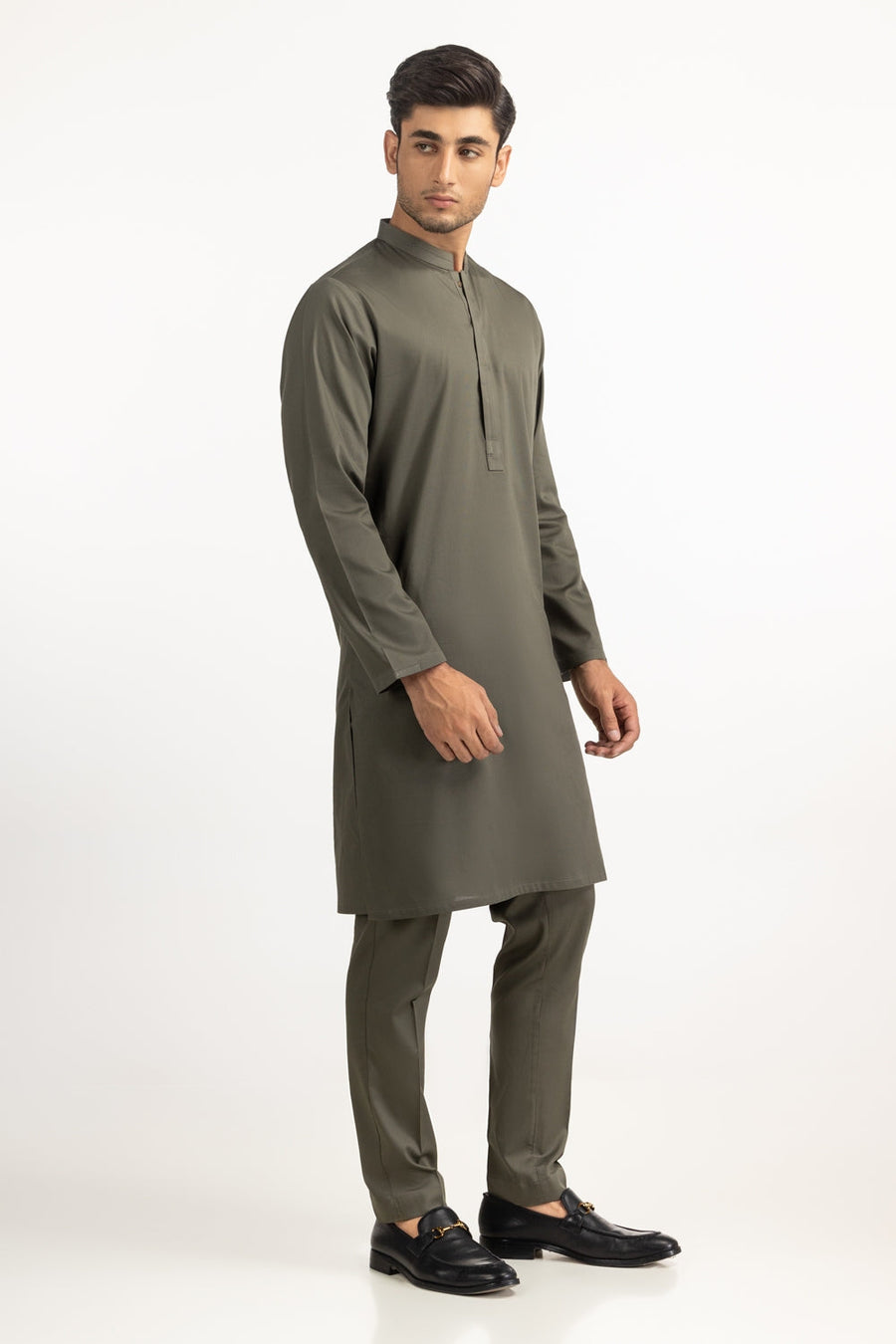 Sage Green Mulberry Silk 2-Piece Kurta | Half-Button Mandarin Collar