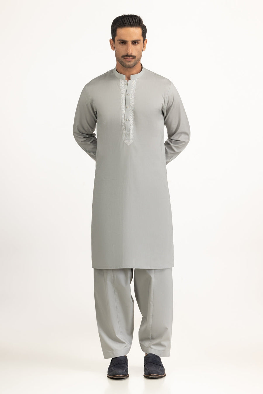 Sage Cotton 2-Piece Men's Kurta | Resham Embroidered Placket