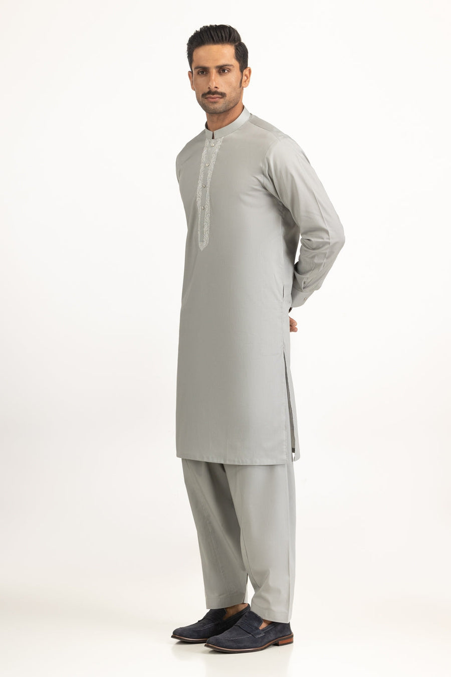 Sage Cotton 2-Piece Men's Kurta | Resham Embroidered Placket