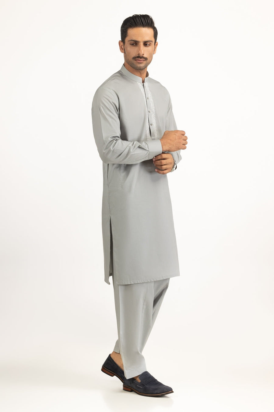 Sage Cotton 2-Piece Men's Kurta | Resham Embroidered Placket