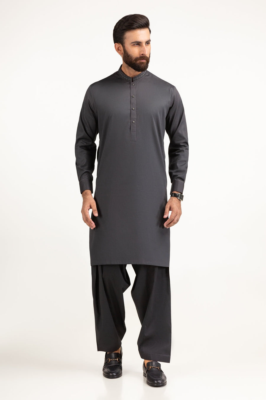 Charcoal Pashmina 2-Piece Salwar Kameez | Mandarin Collar