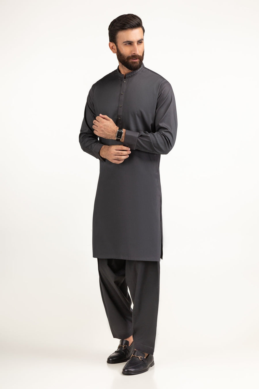 Charcoal Pashmina 2-Piece Salwar Kameez | Mandarin Collar
