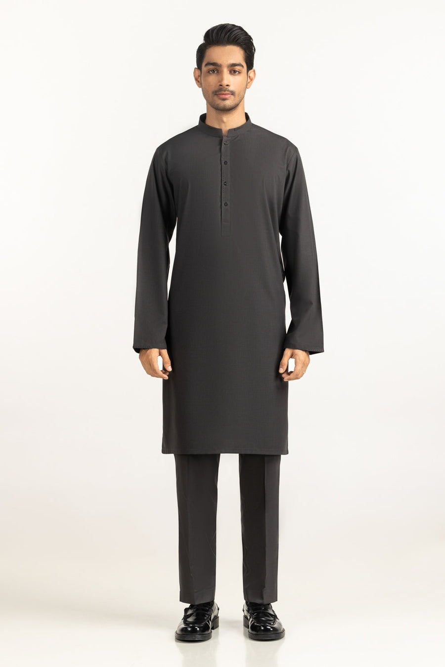 Charcoal Cotton Kurta | Mandarin Collar Half-Button