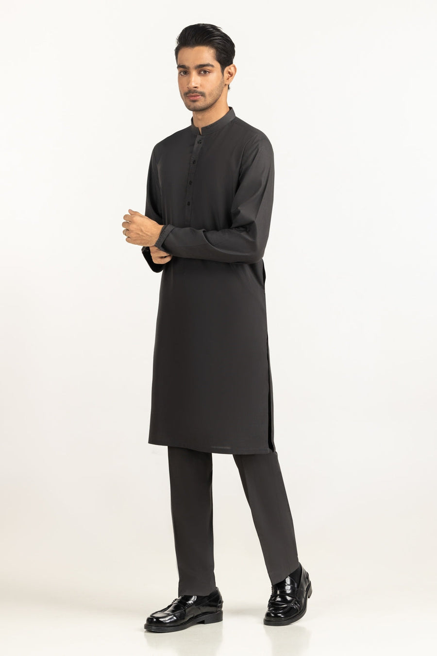 Charcoal Cotton Kurta | Mandarin Collar Half-Button