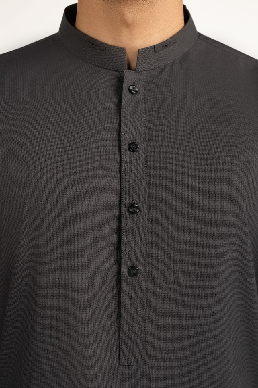 Charcoal Cotton Kurta | Mandarin Collar Half-Button