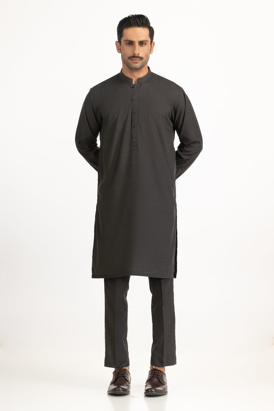 Charcoal Silk-Blend 2-Piece Kurta | Mandarin Collar