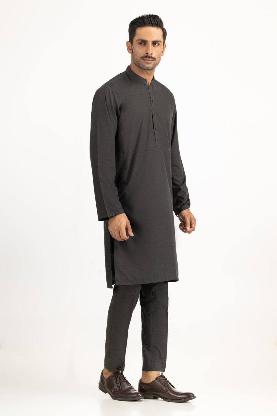 Charcoal Silk-Blend 2-Piece Kurta | Mandarin Collar
