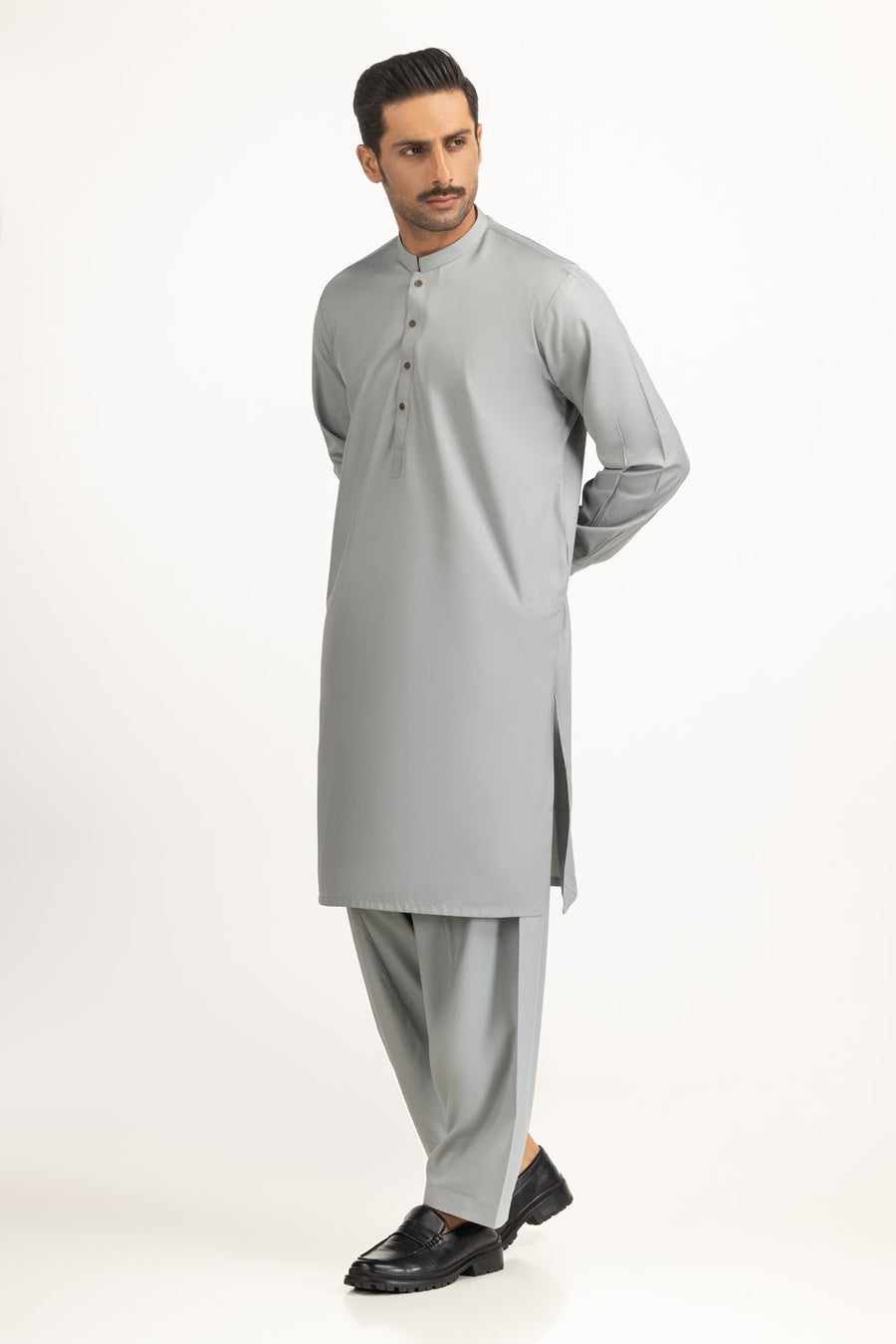 Slate Grey Cotton 2-Piece Kurta Shalwar | Henley Neckline