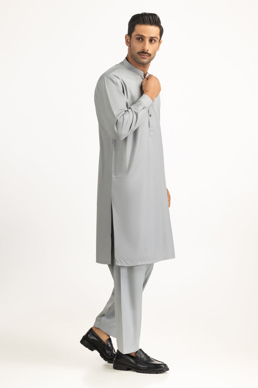 Slate Grey Cotton 2-Piece Kurta Shalwar | Henley Neckline