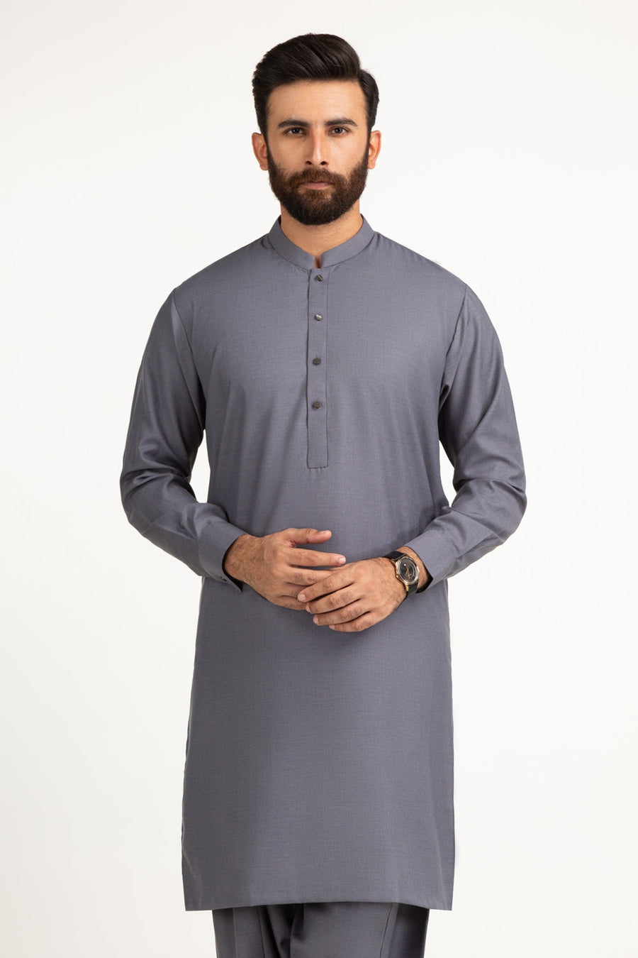 Slate Blue Silk 2-Piece Kurta | Mandarin Collar