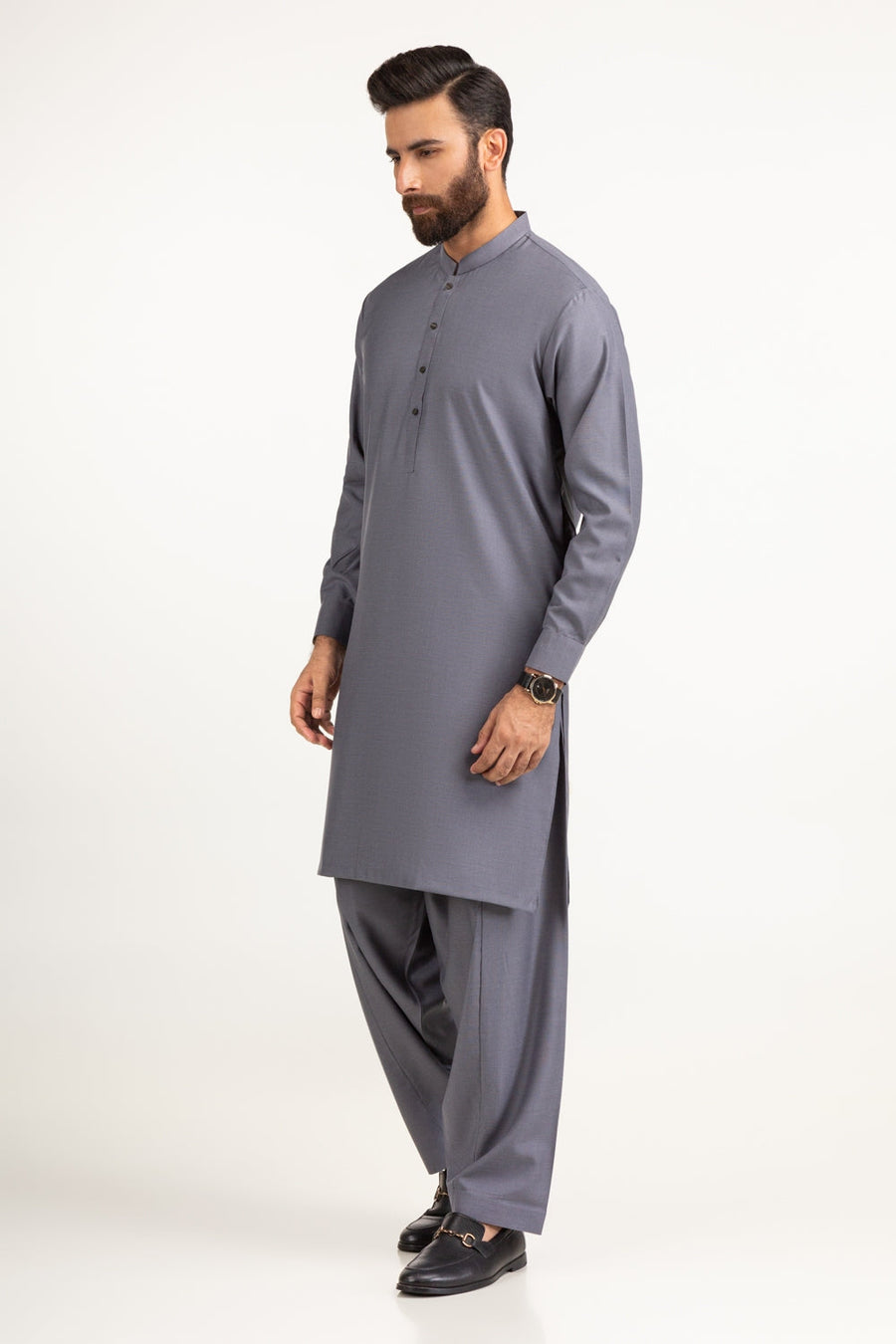 Slate Blue Silk 2-Piece Kurta | Mandarin Collar