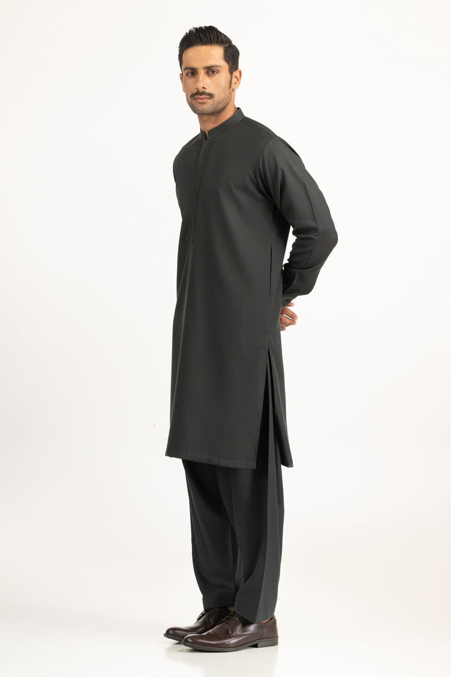 Charcoal Mulberry Silk 2-Piece Kurta Shalwar | Mandarin Collar