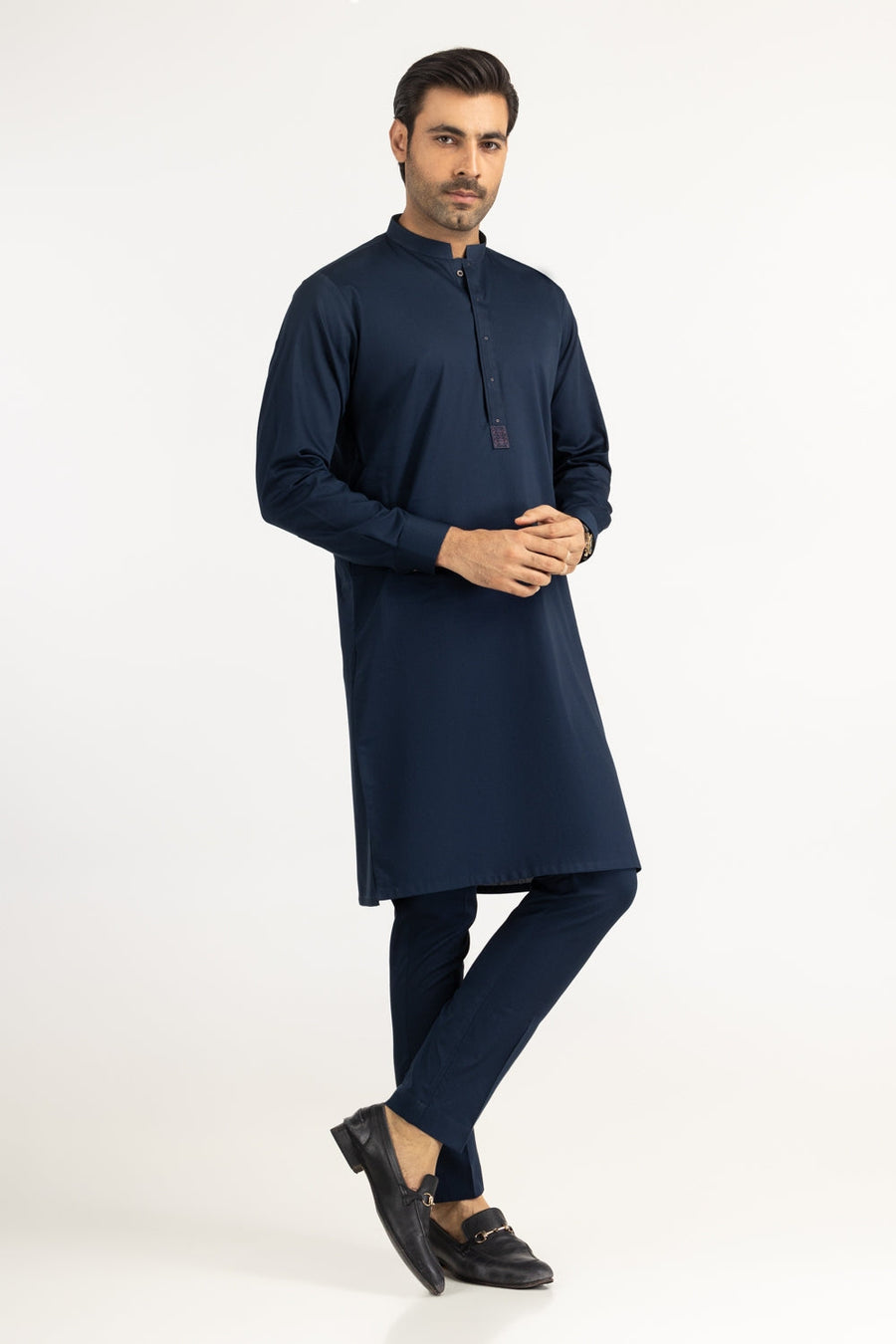 Midnight Navy Silk 3-Piece Kurta | Mandarin Collar