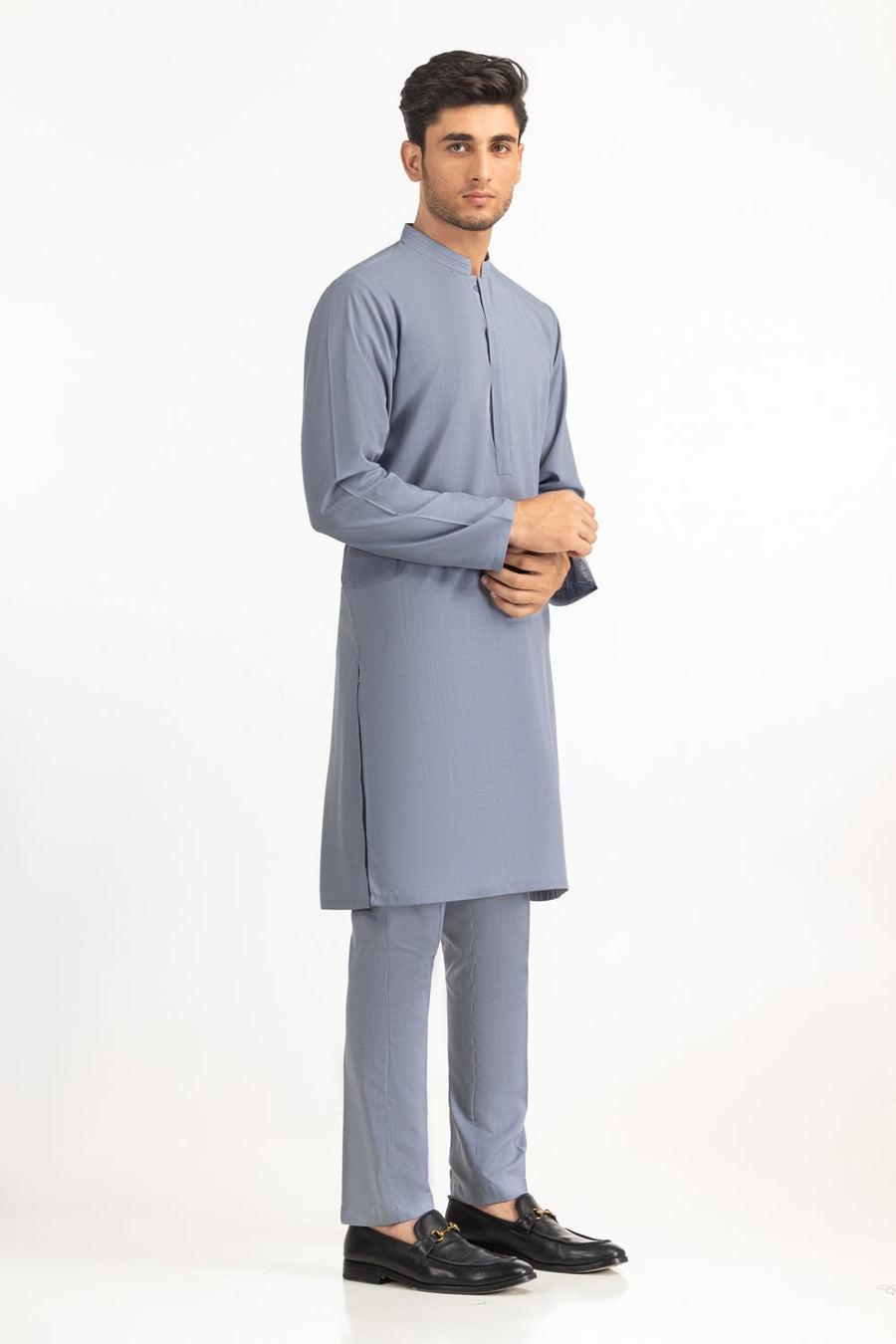 Slate Blue Viscose 2-Piece Kurta Set | Mandarin Collar