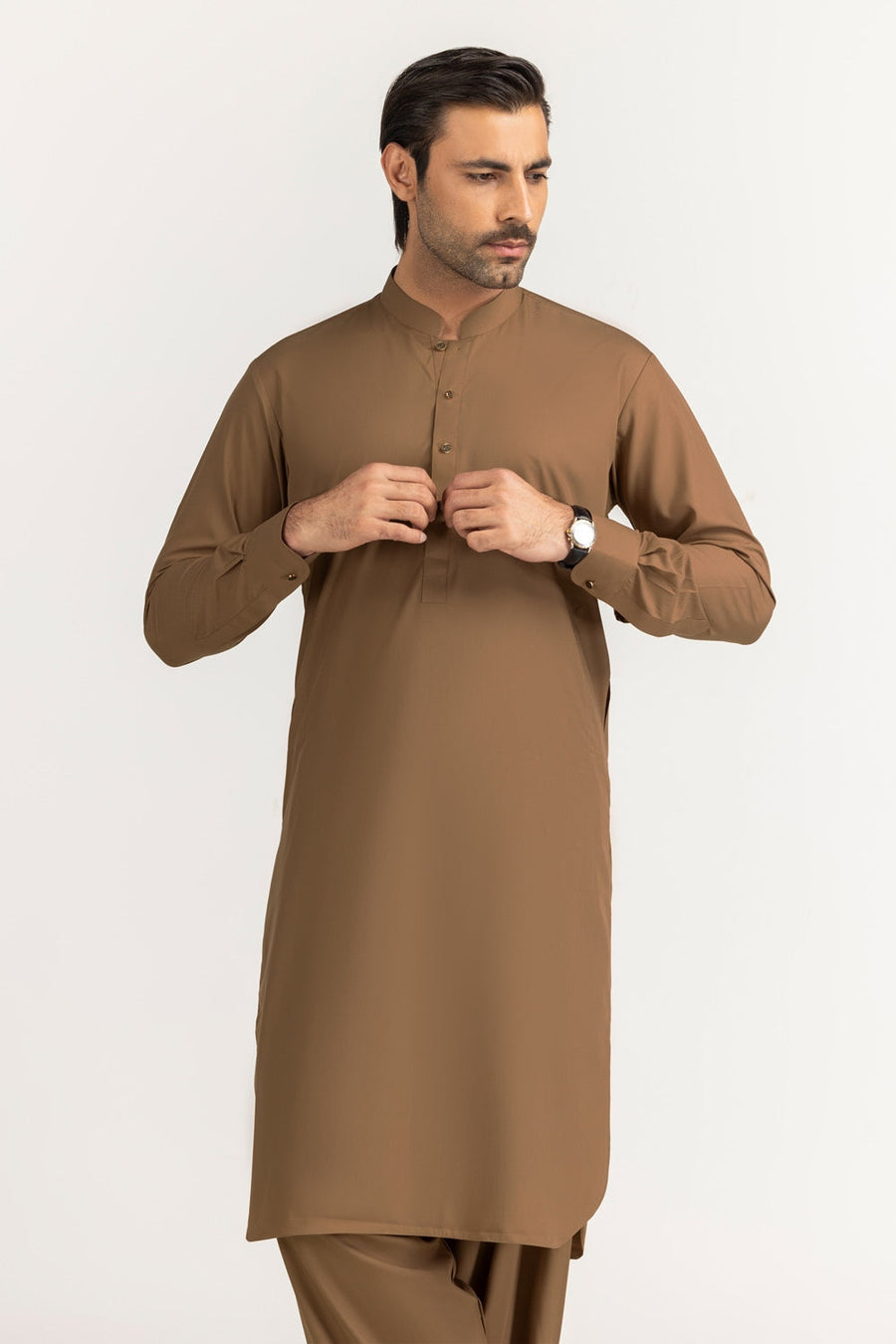 Caramel Cotton 2-Piece Kurta Set | Mandarin Collar