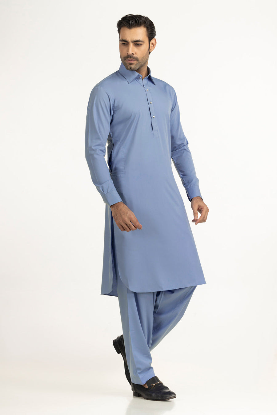 Slate Blue Cotton 2-Piece Kurta | Button-Front Collar