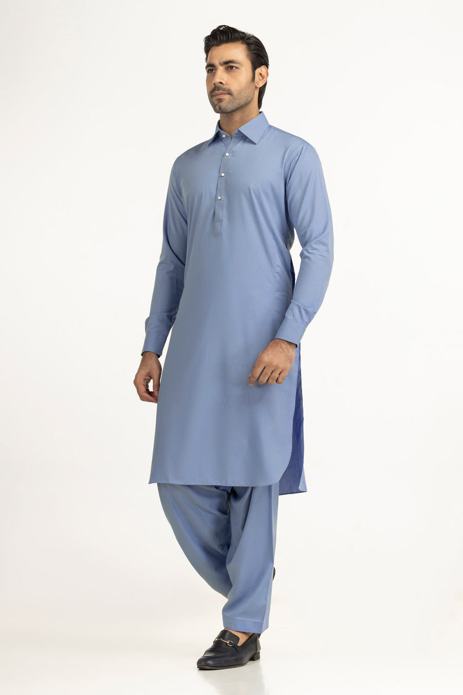 Slate Blue Cotton 2-Piece Kurta | Button-Front Collar