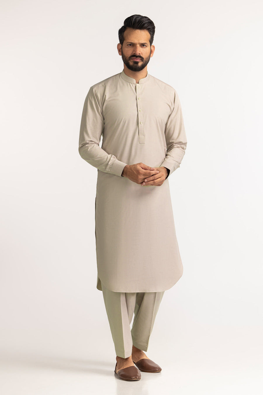 Ivory Cotton Blend 2-Piece Kurta Set | Henley Neckline