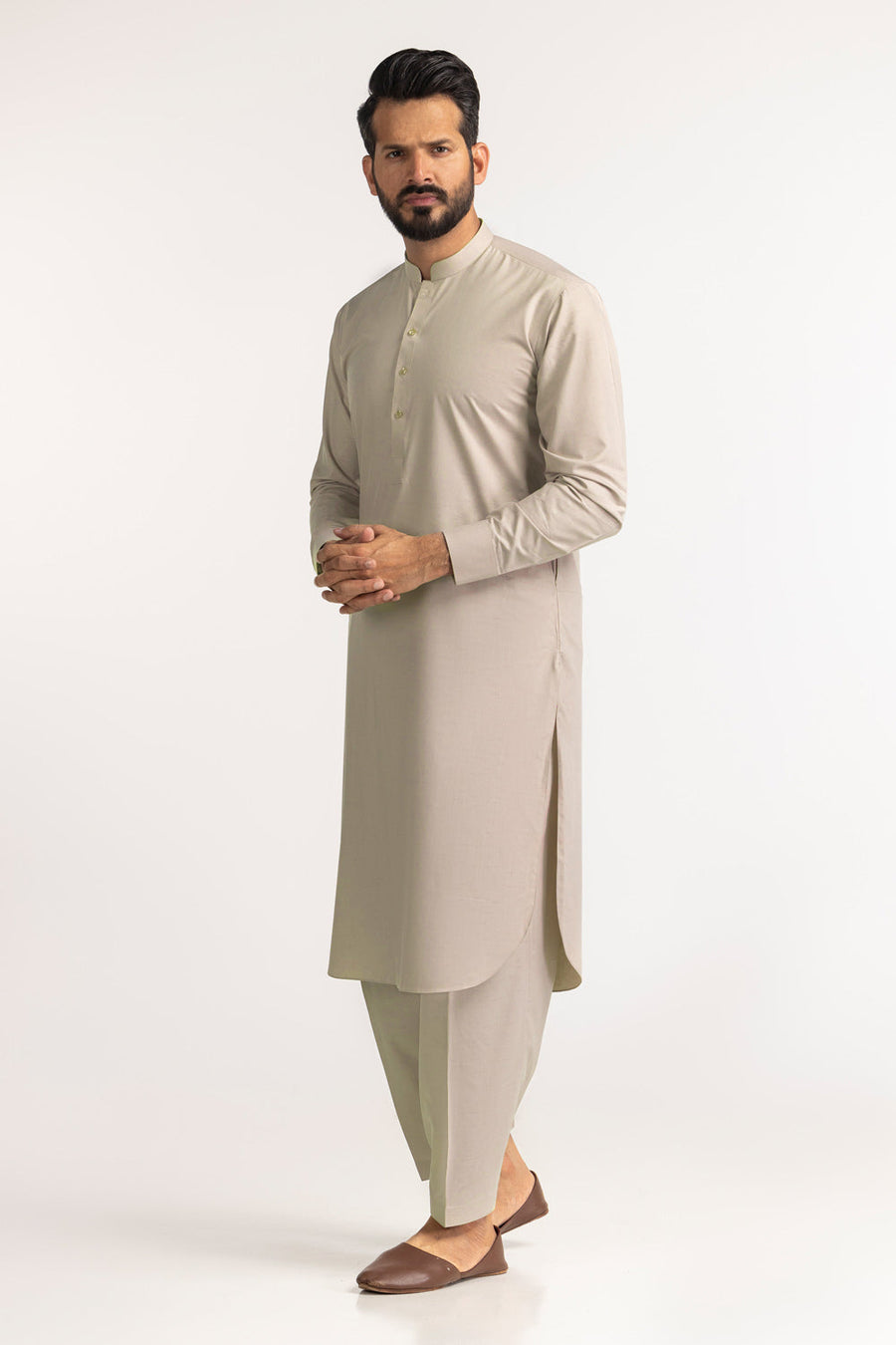Ivory Cotton Blend 2-Piece Kurta Set | Henley Neckline